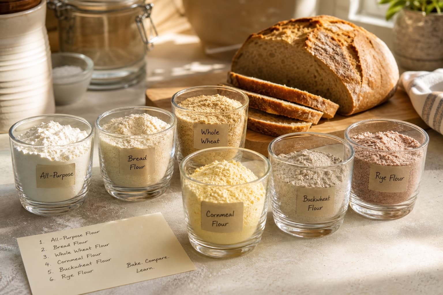 Different types of flour laid out for a baking experiment